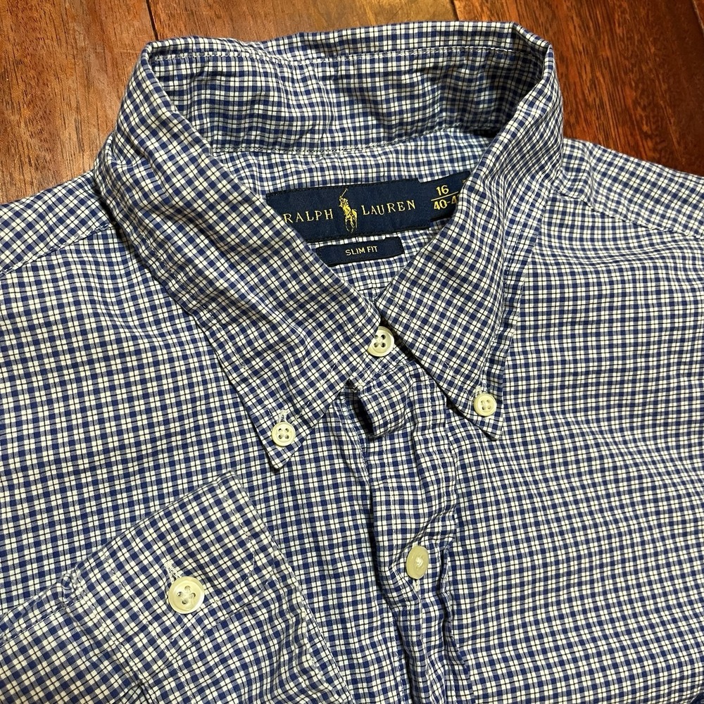 Ralph Lauren Shirt Mens 16 40 41 Slim Fit Blue White Check Button Down Preppy